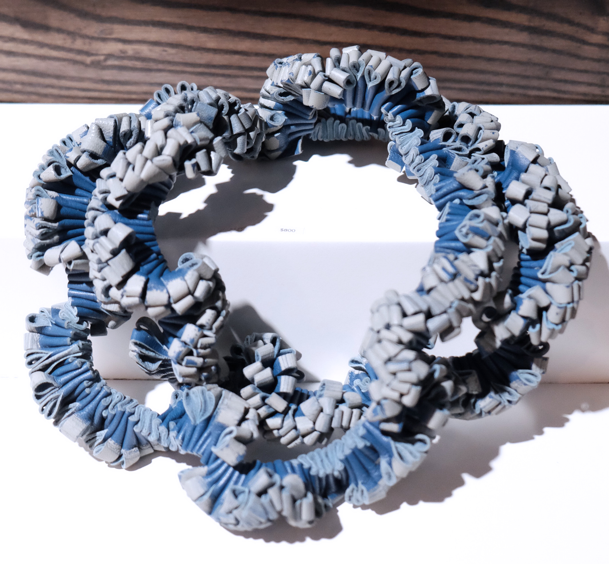 Soft Blue Leather Neck Scarf Ruffled with Silver Clasp Bespoke Piece