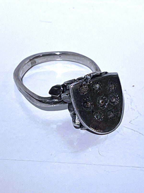 Ring Structured Rustic Top with 9 1.5mm Rough Champagne Diamonds in Oxidised Silver Bespoke Piece - Jessica Winchcombe