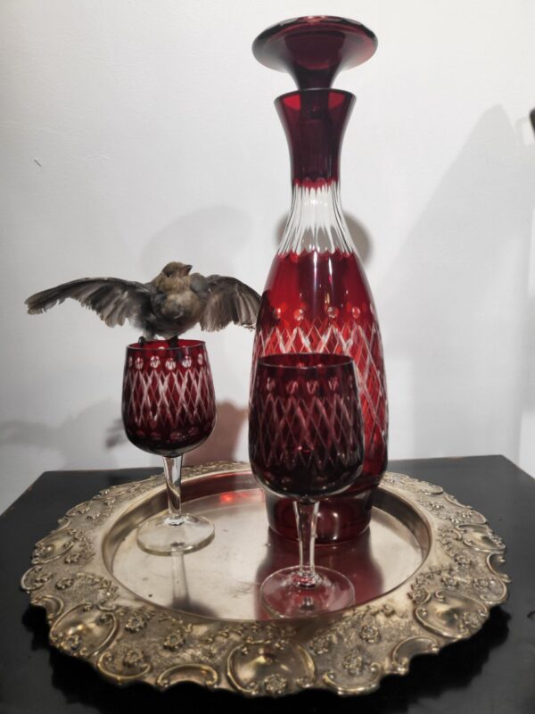 Finch Mounted On Antique Crystal Glass, With Decanter On Silver Platter