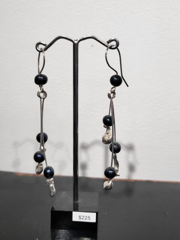 Long Silver and Black Pearl Earrings