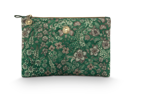 Charly Quilted Cosmetic Flat Pouch / Clutch - Daisy Dreams - Green